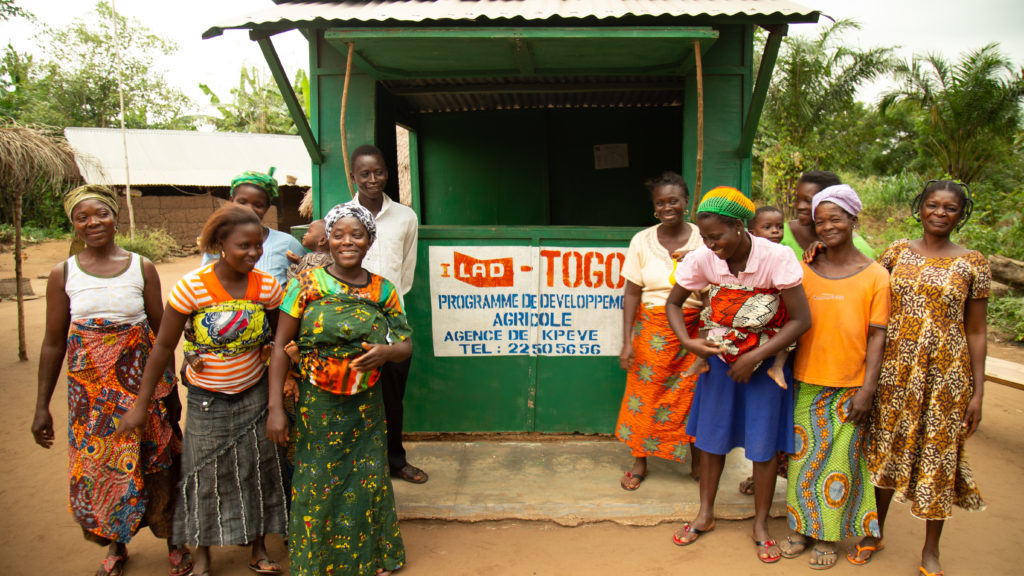 Happy Togolese men and women stand in front of a sign which reads "ILAD Togo..."