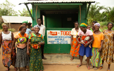 Happy Togolese men and women stand in front of a sign which reads "ILAD Togo..."